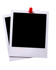 Two polaroid style instant camera prints pushpin isolated transparent background photo PNG file