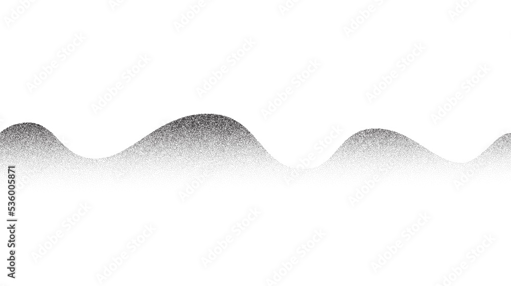 Poster Grain wave background. Stippled texture hills. Abstract landscape in dotwork style. Black noise and sand gradient effect. Stochastic dotted background.