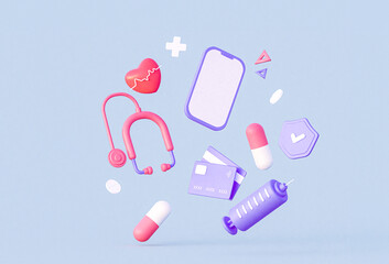3d medicine online. Smartphone with stethoscope, heart shape with heartbeat and medical supplies. The concept of issuing a prescription online or buying medicines at a pharmacy. 