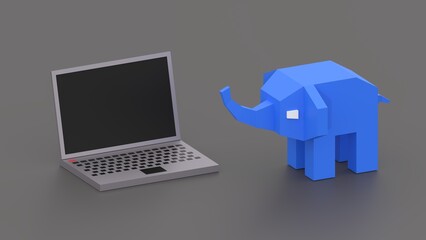 Low poly isometric laptop and blue elephant on grey background. PostgreSQL free database symbol concept or metaphor. 3d illustration