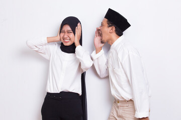 young asian muslim couple emotions dispute conflict quarrel isolated on white background