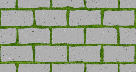 Seamless pattern of old pavement with moss and interlocking textured bricks. Vector pathway texture top view. Outdoor concrete slab sidewalk. Cobblestone footpath or patio. Concrete block floor