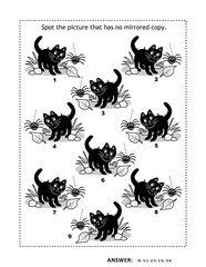 Halloween or autumn themed visual puzzle with black cats and spiders. Match the mirrored copies. Spot the odd one out. Answer included.
