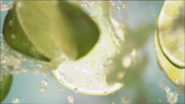 Super Slow Motion of Explosion Lime and Burst Juice and Slices