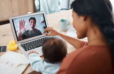 Family on video call, mom and baby happy to see smiling father waving with laptop webcam to talk to...