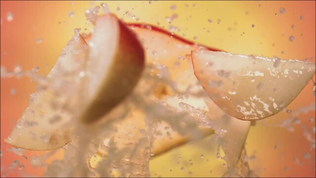 Super Slow Motion of Explosion Pear and Burst Juice and Slices