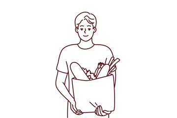 Portrait of smiling young man with bag with groceries. Happy guy holding package with goods and products. Shopping and nutrition. Vector illustration. 