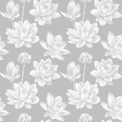 Hand drawn lotus flowers Seamless pattern. White flower on a silver background. For fabric, sketchbook, wallpaper, wrapping paper.
