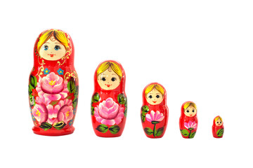 Set of five red matryoshka russian nesting dolls isolated on transparent background, russia women,...
