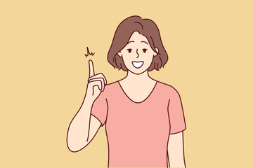 Smiling young woman point up with finger generate good business idea or thought. Happy female show good deal or offer. Vector illustration. 