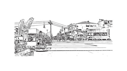 Building view with landmark of Palavas les Flots is the 
commune in France. Hand drawn sketch illustration in vector.