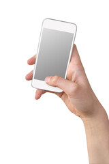 Hand holding a white smartphone, blank screen, isolated on transparent background