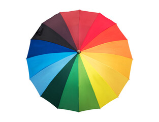 Photo of a rainbow colored umbrella isolated on transparent background, LGBT flag colors, png file © Delphotostock