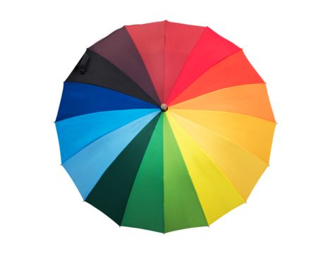 Photo of a rainbow colored umbrella isolated on transparent background, LGBT flag colors, png file