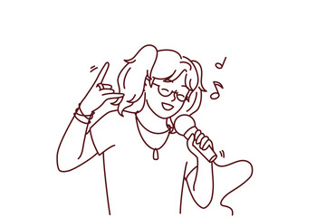 Happy girl have fun singing in microphone in karaoke. Smiling child enjoy leisure time sing song in mic in club. Entertainment and hobby. Vector illustration. 