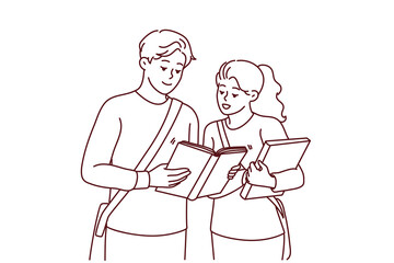 Happy students with book get ready for school exam or lesson. Smiling millennial people with textbooks before class in college. Vector illustration. 