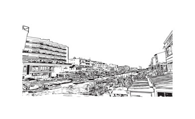 Fototapeta premium Building view with landmark of Palavas les Flots is the commune in France. Hand drawn sketch illustration in vector.