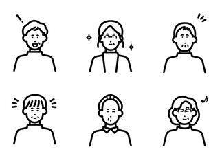 ポジティブな高齢者のアバターアイコンイラストセット　線画のみ