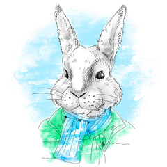 rabbit in winter clothes watercolor drawing