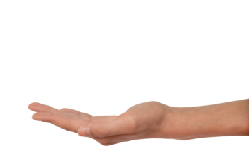Side view of a hand, palm up toward the sky, isolated on transparent background