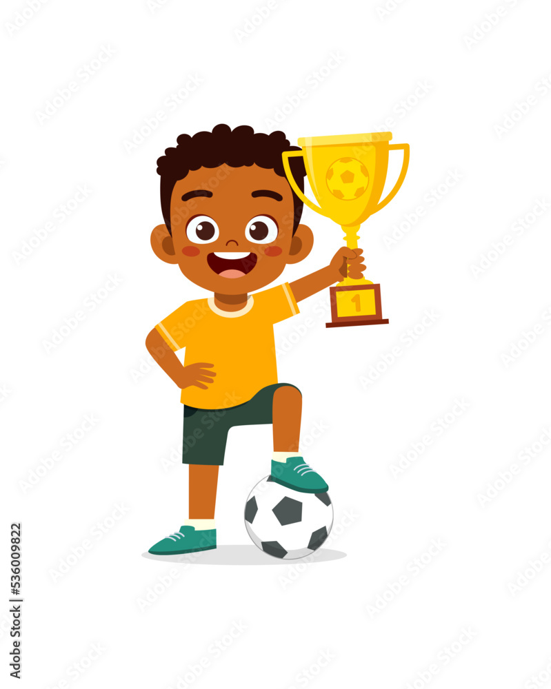 Canvas Prints little kid win soccer competition and holding trophy