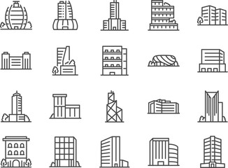 Buildings icon set. The icons include home, hotel, medical hospital, city, and more.
