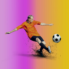 Fototapeta na wymiar Professional soccer player hitting ball for winning goal in action on gradient multicolored neon background. Concept of sport competition.