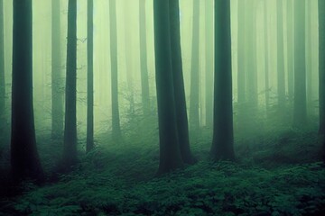 Obraz premium Panorama of the misty forest. Forest mist. Misty forest in fog. Deep forest in mist
