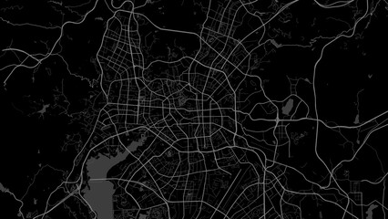 Dark black Kunming city area vector background map, roads and water illustration. Widescreen proportion, digital flat design.