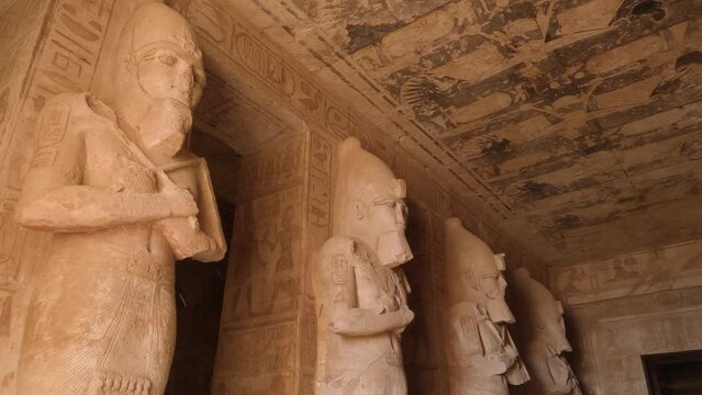 Interior of Abu Simbel temples, Egypt. Carved statues and hieroglyphs