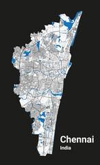 Chennai map. Detailed map of Chennai city administrative area. Cityscape panorama illustration. Road map with highways, streets, rivers. - obrazy, fototapety, plakaty