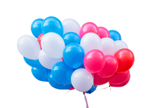 Photo of a blue, white and red bunch of air balloons isolated on transparent background, patriot symbol, american patriotic colors, US national day or elections, png cut out - Powered by Adobe