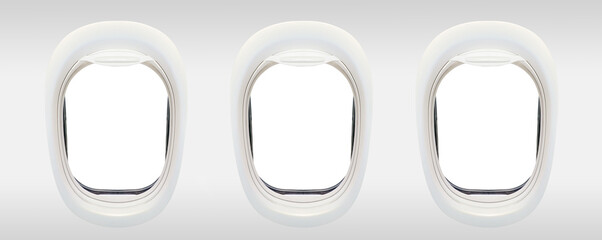 Photo of the windows of an airplane from inside (flight concept), 3 porthole frames isolated on...