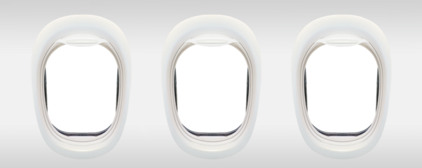 Photo of the windows of an airplane from inside (flight concept), 3 porthole frames isolated on transparent background, png file