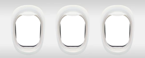 Schilderijen op glas Photo of the windows of an airplane from inside (flight concept), 3 porthole frames isolated on transparent background, png file © Delphotostock