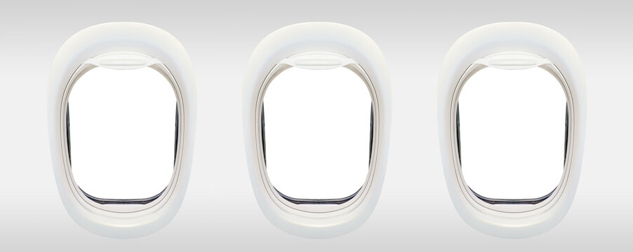 Photo of the windows of an airplane from inside (flight concept), 3 porthole frames isolated on transparent background, png file