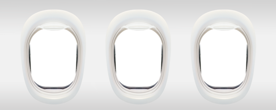 Photo of the windows of an airplane from inside (flight concept), 3 porthole frames isolated on transparent background, png file