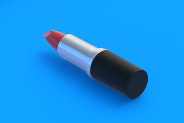 Red lipstick on blue background. Cosmetic accessories. Make-up tools. 3d render