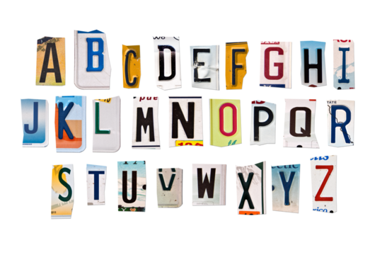 Alphabet set created with broken pieces of vintage car license plates isolated on transparent background