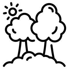 Trees with sun, line icon of a forest