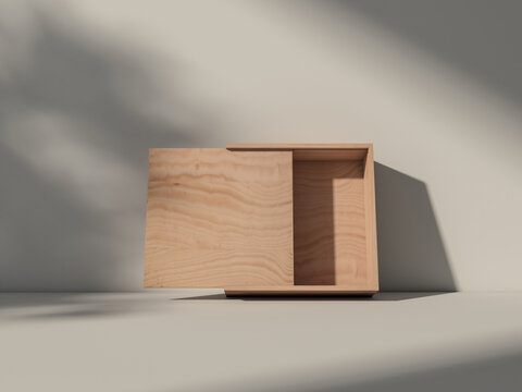 Square Wooden box Mockup standing on white table with shadows from trees. 3d rendering