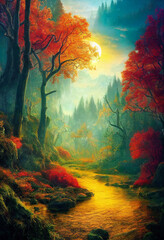 beautiful natural landscape in autumn 3d illustration