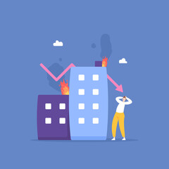 business is in trouble. the metaphor of bankruptcy, declining revenues and profits. risk in business. a business man who is panicked and frustrated because his company is on fire. illustration design 
