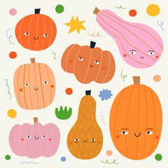 Vector set with colored pumpkins with faces. Funny autumn season vegetables, doodle elements. Сute october sticker pack collection