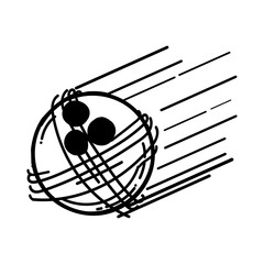 Hand-drawn bowling ball. Ball breaking pins. Flying ball in the target. Hobbies, entertainment, recreation. Skittles. Sports. The game. Hit, win. Vector simple illustration.