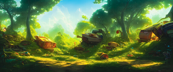 Fototapeta na wymiar Artistic concept painting of a garbage in the forest , background 3d illustration.