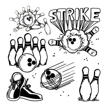 A set of hand-drawn elements with a bowling theme. Bowling ball, pins, shoes. Handwritten strike inscription. Ball smashes pins. Flying ball in the target. Skittles. Sports. The game. Hit, win.
