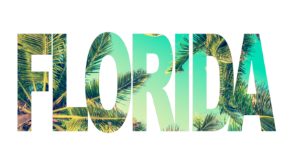Word Florida wrritten with a tropical sky with palm trees isolated on transparent background