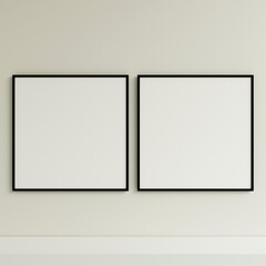 Clean and minimalist front view black photo or poster frame mockup hanging on the wall. 3d rendering.