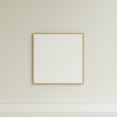 Clean and minimalist front view square wooden photo or poster frame mockup hanging on the wall. 3d rendering.